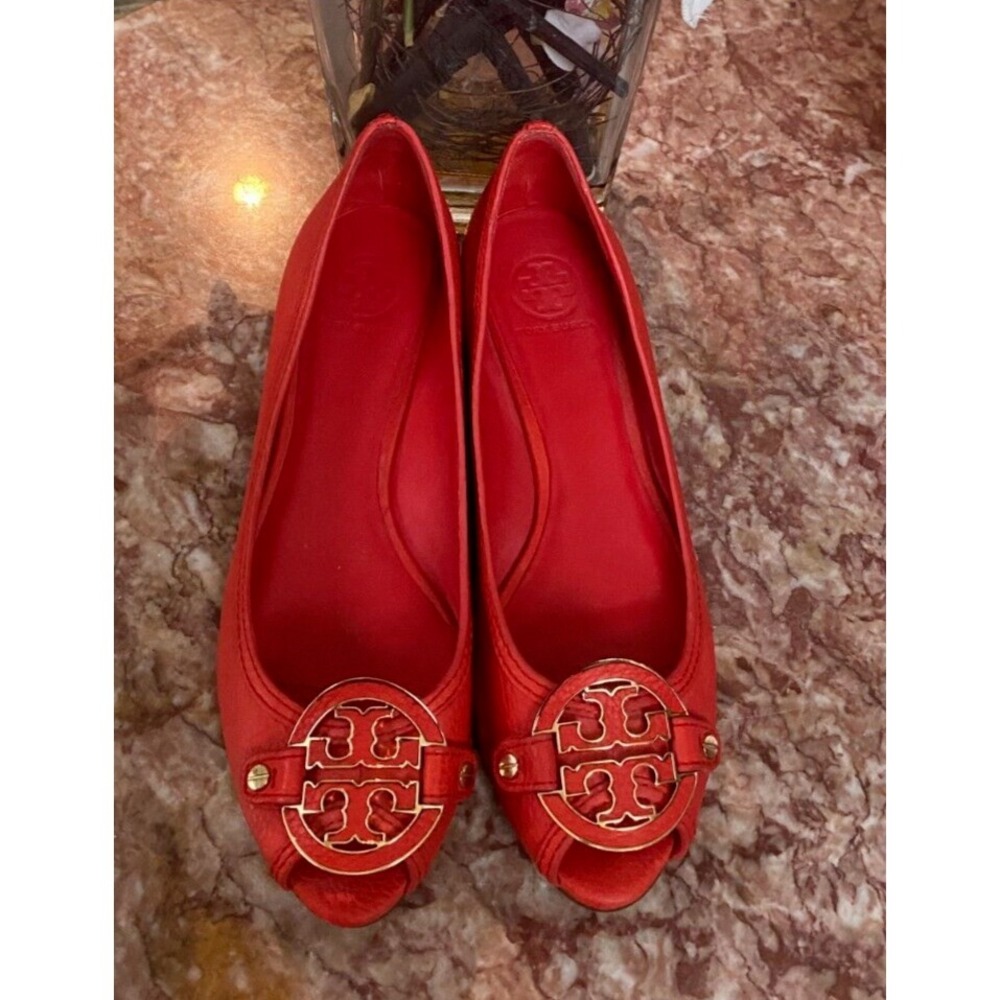 Tory Burch Amanda Orange Red Leather Open Toe Wedge Heel Shoes 10M ‎ EUC! $278